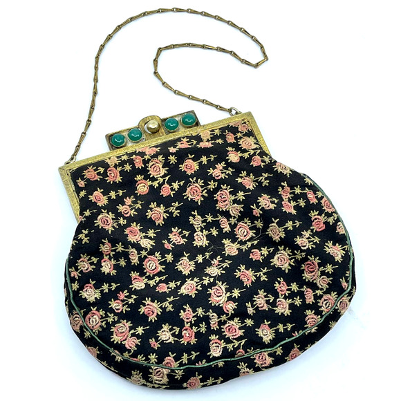Vintage Handbags - Vintage Floral Black Fabric Purse with Chain Strap and Green Stones on Clasp